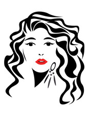 Face girl with long hair. Woman. Female face with red lips. Vector portrait isolated on white background