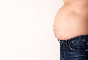 Fat man with a big belly on a white background