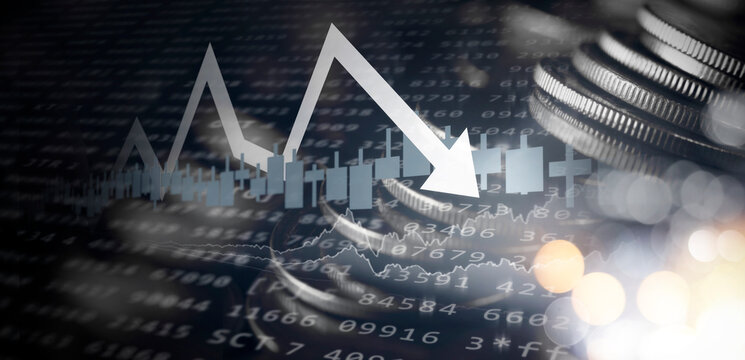 Double exposure image of coin stacks on technology financial graph background.Economy trends background for business ,financial meltdown ,Cryptocurrency digital economy.