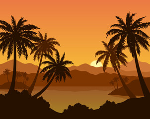 Exotic Sea Landscape, Tropical Islands with Palm Trees Silhouette. Vector