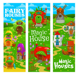 Fairytale magic houses and dwellings. Cartoon vector banners with fairy village, gnome and elf homes old boot, teapot, windmill and apple. Strawberry, eggplant, pear, cabbage and pineapple buildings