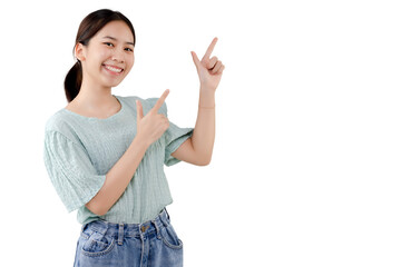 Asian pretty girl pointing finger to the side. PNG file format transparent background.