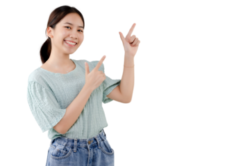 Asian pretty girl pointing finger to the side. PNG file format transparent background.