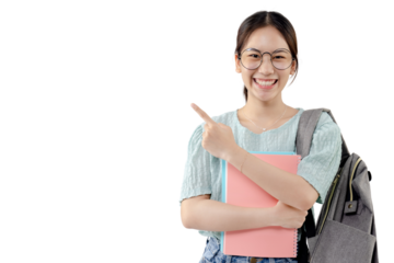 Asian pretty girl pointing finger to the side. PNG file format transparent background.