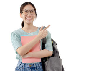 Asian pretty girl pointing finger to the side. PNG file format transparent background.