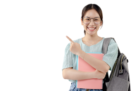 Asian pretty girl pointing finger to the side. PNG file format transparent background.