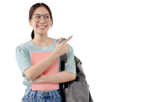 Asian pretty girl pointing finger to the side. PNG file format transparent background. - Powered by Adobe