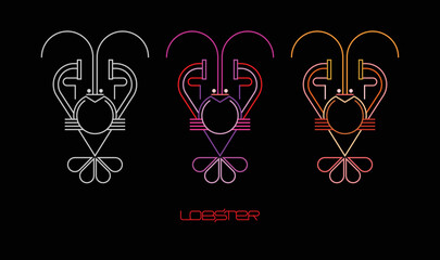 Neon colors line art design isolated on a black background Lobster Logo vector illustration. Three options of a stylized silhouette of a lobster.