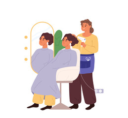 Hairdresser woman drying hair to client with hairdryer after washing and haircut in salon