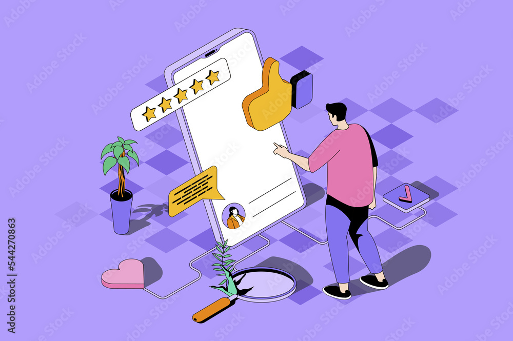 Poster Best feedback web concept in 3d isometric design. Man evaluates quality of service and leaves comment with customer experience using mobile app. Web illustration with people isometry scene