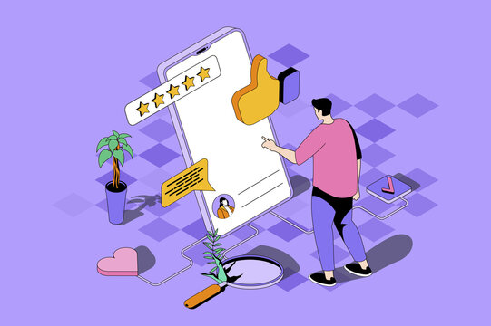Best feedback web concept in 3d isometric design. Man evaluates quality of service and leaves comment with customer experience using mobile app. Web illustration with people isometry scene