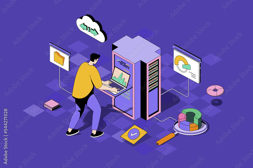 Aufkleber Data center web concept in 3d isometric design. Man working as administrator in server room with racks for big data storage and cloud computing. Web illustration with people isometry scene