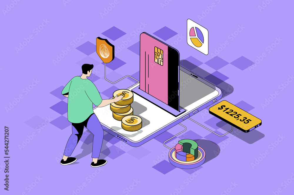 Fototapete mobile banking web concept in 3d isometric design. man manages financial account and balance, makes 