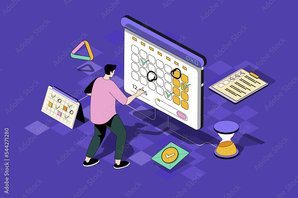 Poster time planning web concept in 3d isometric design. man setting priority tasks, marks meetings and mak
