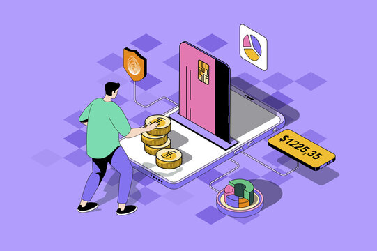 Mobile banking web concept in 3d isometric design. Man manages financial account and balance, makes transactions from credit card in application. Web illustration with people isometry scene