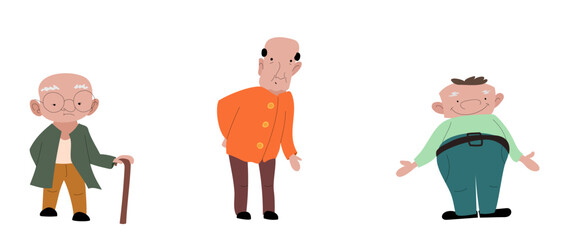 Vector old people. Retirees in a simple style. A man with a cane in a green sweater and mustard pants, sciatica in orange clothes and a fat cheerful man in a green suit.