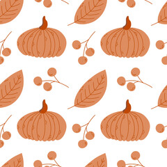 Seamless pattern with pumpkin, leaf, berry. Autumn background. Vector illustration.