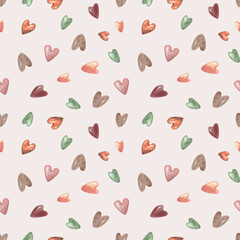 Watercolor hearts on pink background. Seamless pattern with symbol of love for kids.