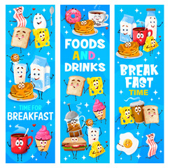 Cartoon funny breakfast food characters. Dairy products, morning desserts and hot drinks vertical banners, vector backgrounds with toast, bacon and pancakes, cupcake, sandwich, egg funny personages