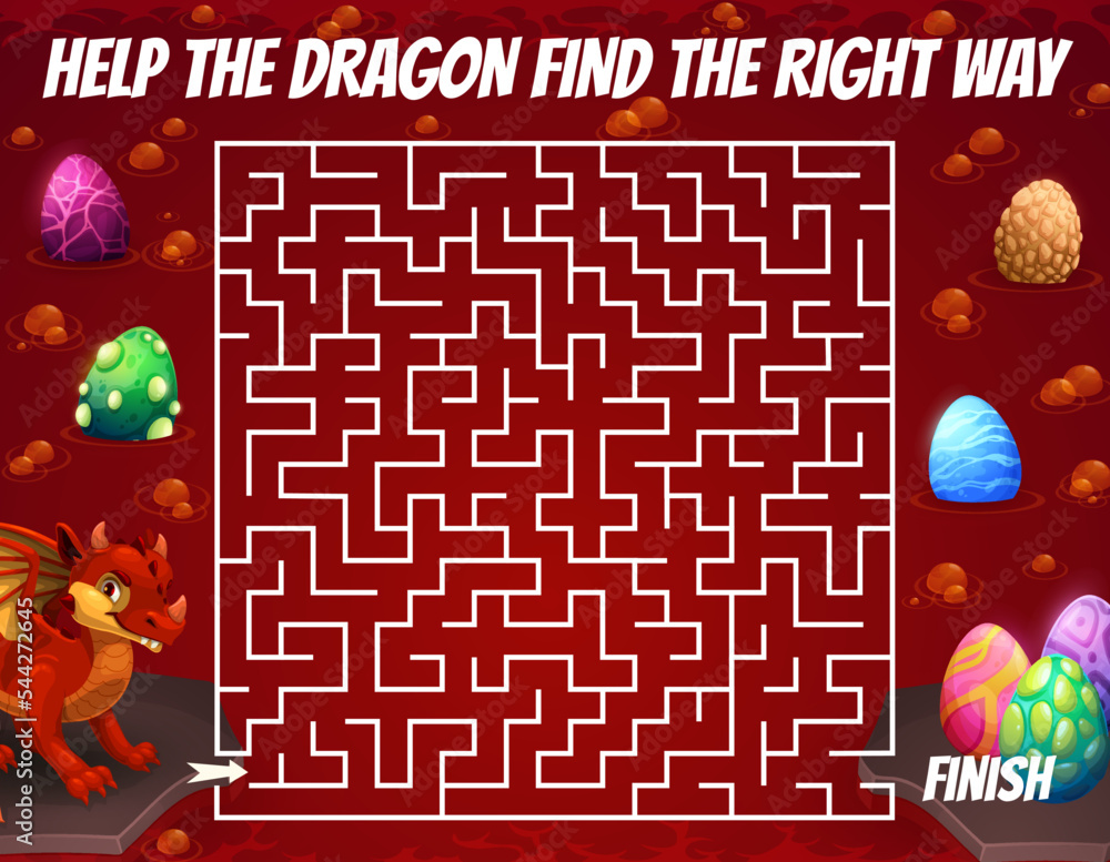 Poster labyrinth maze game of help the dragon to find the eggs. cartoon red funny dragon and eggs in cave v
