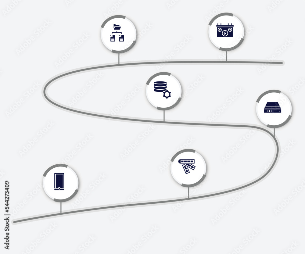 Poster infographic element with web development filled icons. included power source, folder network, databa