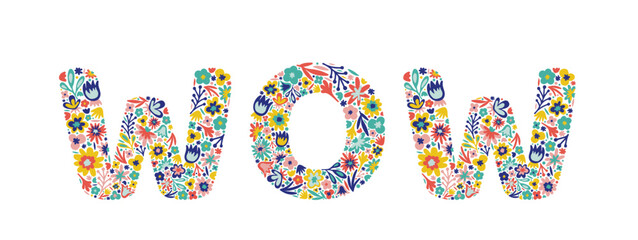 Wow lettering of flowers. Doodle style. Floral word. Vector