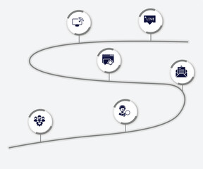 infographic element with support filled icons. included live chat support, satellite tv, online help, open envelope, technical support team, looking for a solution vector.