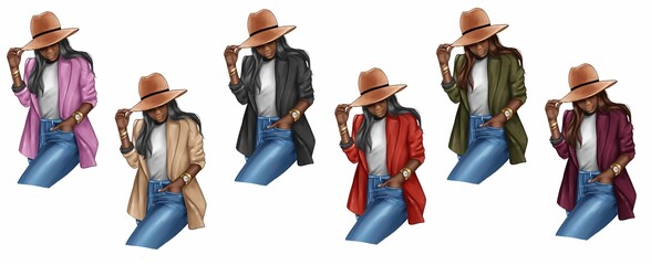 COLLECTION OF AFRO AMERICAN GIRLS WEARING A HAT, A BLAZER AND DENIM JEANS 