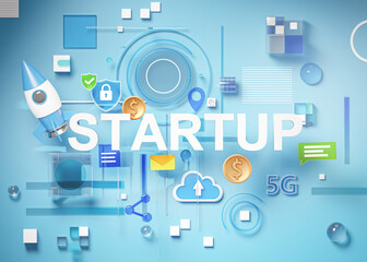 Startup Text Concept Rocket Technology Symbol Cloud 5G Dollar Blue Abstract Geometry Blue Background 3D Render © natanaelginting