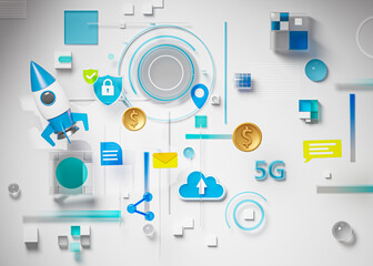 Rocket Technology Background Symbol Cloud 5G Dollar Blue Abstract Geometry 3D Render © natanaelginting