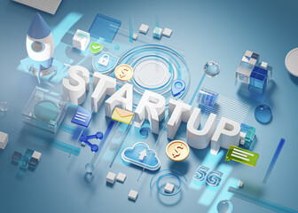 Startup Text Concept Rocket Technology Symbol Cloud 5G Dollar Blue Abstract Geometry Blue Background 3D Render © natanaelginting