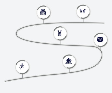 Infographic Element With Woof Woof Filled Icons. Included Butterfly Wings, Long Haired Dog Head, Rabbit Head, Farm Pig, Gecko, Dog Kennel Vector.