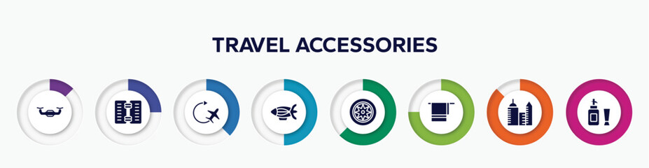 infographic element with travel accessories filled icons. included unmanned, wine menu, airplane, blimp, car parts, bath towel, modern hotel, toiletries vector. © VectorStockDesign