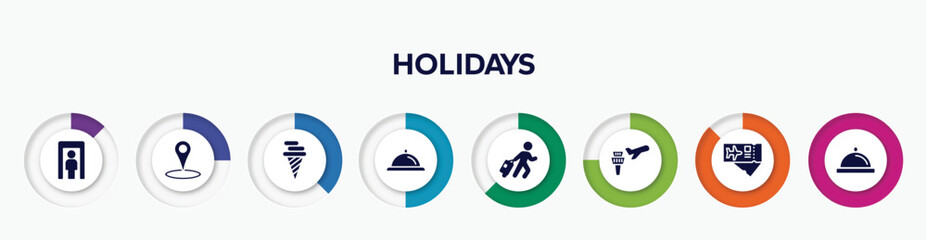infographic element with holidays filled icons. included full body, place point, icecream cone, bell reception, traveler at the airport, airplane and airport tower, airplane tickets, covered food