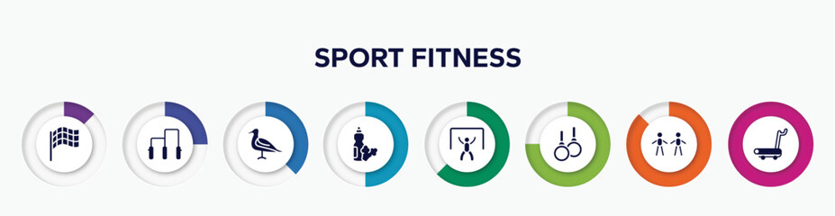 infographic element with sport fitness filled icons. included race flag, gym bars, seagulls, food and drink, goalie, gymnastic rings, body mass index, treadmill hine vector.