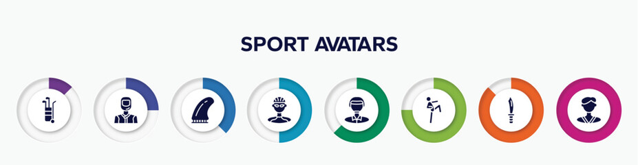 infographic element with sport avatars filled icons. included golf caddy, drivers, fin, cyclist, polo player, ritual, dive knife, karateka vector.