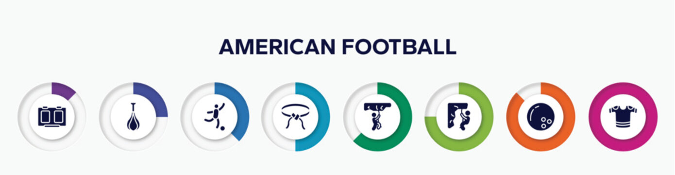 infographic element with american football filled icons. included score board, speed bag, soccer game, belts, rappel, abseiling, bowling ball, t-shirts vector.