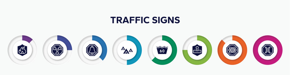 infographic element with traffic signs filled icons. included fire, radiactive, alarm, indian village, 60 degrees medium agitation, safety code, atom, narrow bridge vector.