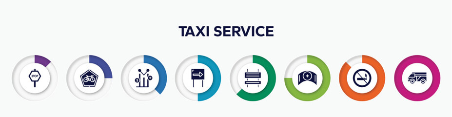 infographic element with taxi service filled icons. included stop hexagonal, ecological bicycle transport, yield, one way, rectangle and arrow, nursing, forbidden smoking, minivan taxi vector.