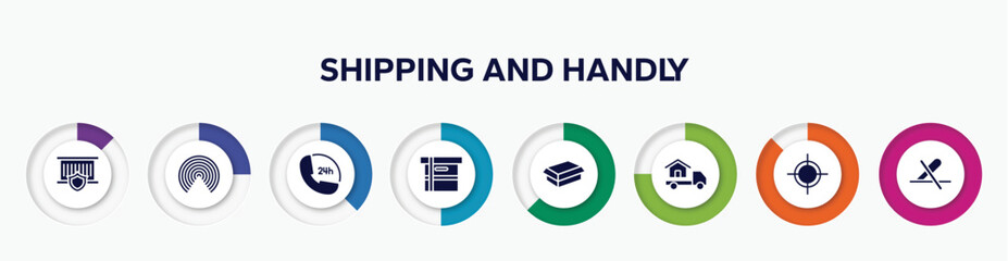 infographic element with shipping and handly filled icons. included delivery insurance, airdrop, 24 hours phone service, small cardboard box, cardboard box without a lid, moving home, centre of