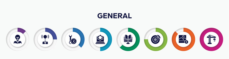 infographic element with general filled icons. included energy efficiency, brand awareness, build time, information technology, distance learning, disk brake, add photos, building crane vector.