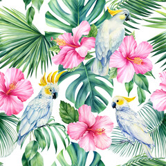 White cockatoo parrots, pink hibiscus flowers, palm leaf. Floral background, watercolor painting, seamless pattern