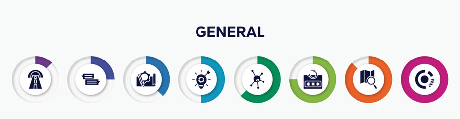 infographic element with general filled icons. included road tunnel, text chat, prototyping, marketing strategy, organism, password phishing, map search, market share vector.
