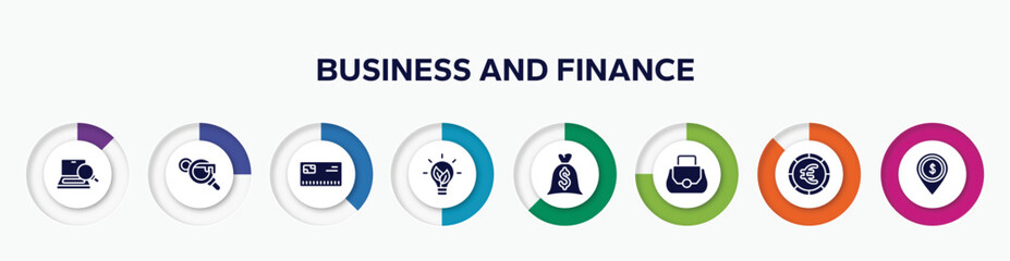 infographic element with business and finance filled icons. included optimizer, keyword search, , eco lightbulb, big dollar bag, women bag, round euro button, dollar spot vector.