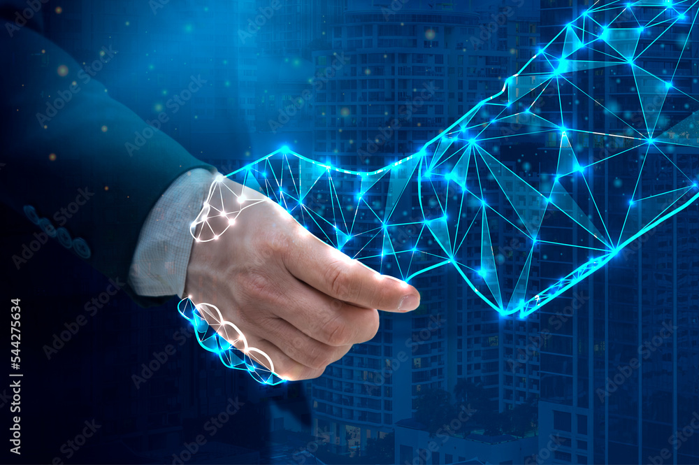 Poster digital partner over futuristic background. artificial intelligence and machine learning process for