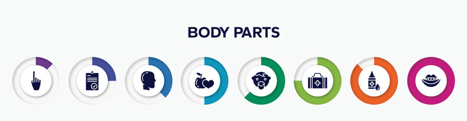 infographic element with body parts filled icons. included hand gesture raising the index finger, positive verified, male with bald hair side view, healthy food for heart health care, baby face,