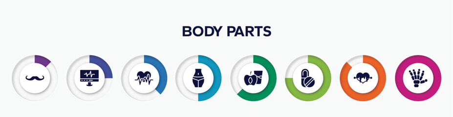 infographic element with body parts filled icons. included mustache curled tip, heartbeats monitoring, heart frequency, female hips and waist, diet for health, capsule, lifeline in a heart, human