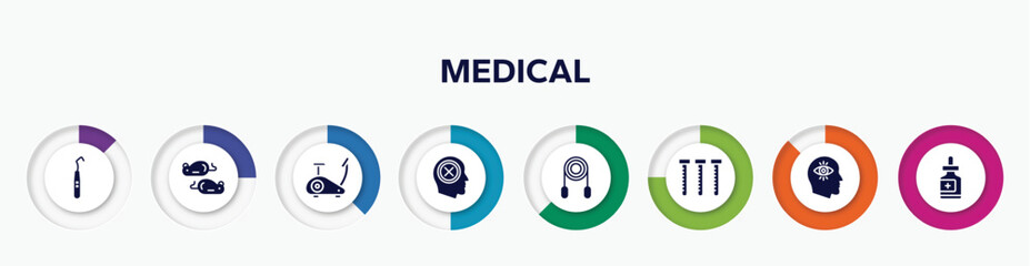 infographic element with medical filled icons. included dental probe, mice, stationary bike, negativity, jumping rope, sample tube, obsession, fluid vector.