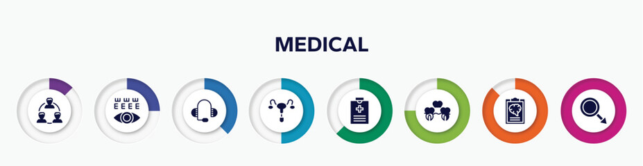 infographic element with medical filled icons. included relations, eye test, medical support, reproductive system, medical record, denture, mental checklist, masculine vector.