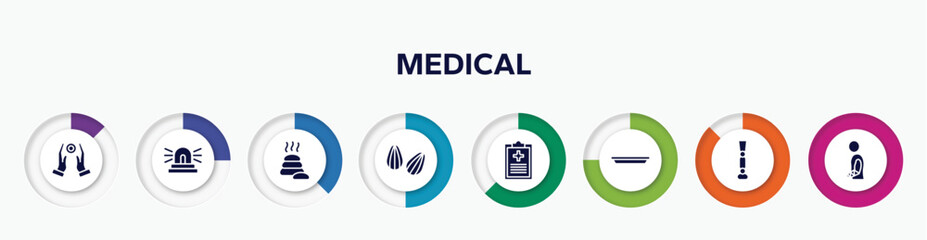infographic element with medical filled icons. included reiki, ambulance lights, lithotherapie, almond, medical result, surgical tray, prosthesis, injury vector.